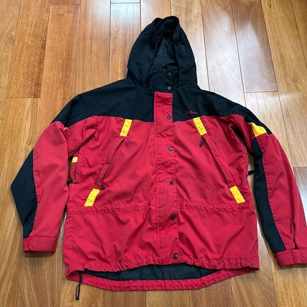 L.L. Bean Rain Jacket Womens Red Black Colorblock‎ Hooded Mesh Lined Large